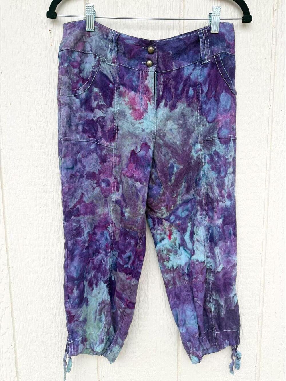 Custom Tie-Dye 100% Linen Capris Pants with Drawstring Cuffs